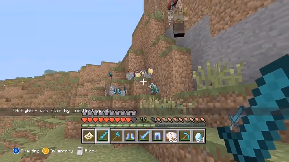 A player griefing another player in a Minecraft server from UnstoppableLuck on YouTube.