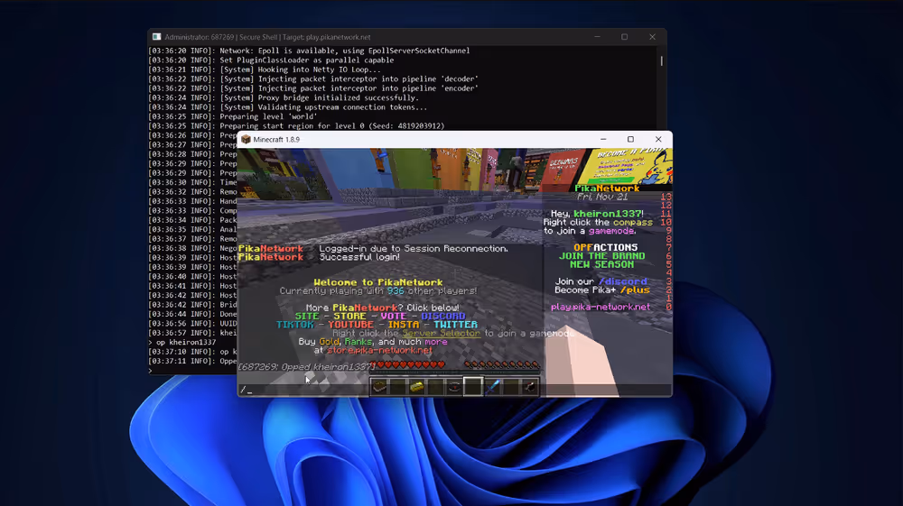 A hacker griefing on the PikaNetwork server from YouTuber vessy.