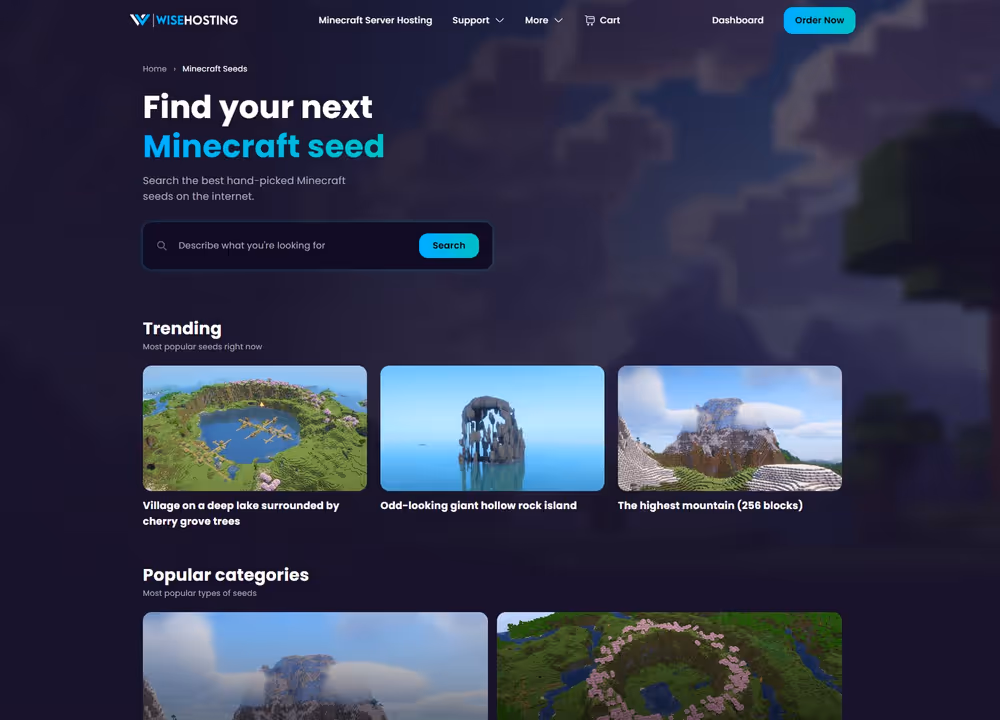 A screenshot of the WiseHosting Minecraft Seeds page