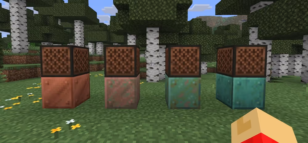 Different copper blocks under a note block in Minecraft 26.1. Update