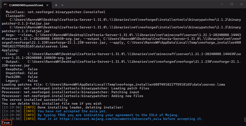 The Craftoria install terminal prompting the user to Accept the Minecraft EULA, Highlighted in a red box the user has typed TRUE in the terminal