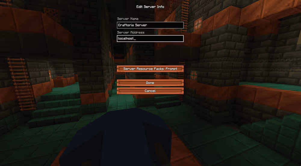 Minecraft Multiplayer screen with "localhost" entered as the server address