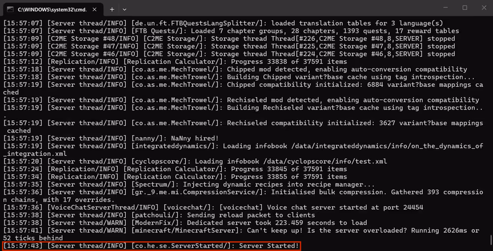 Terminal showing the "Server started!" startup message with no visible errors
