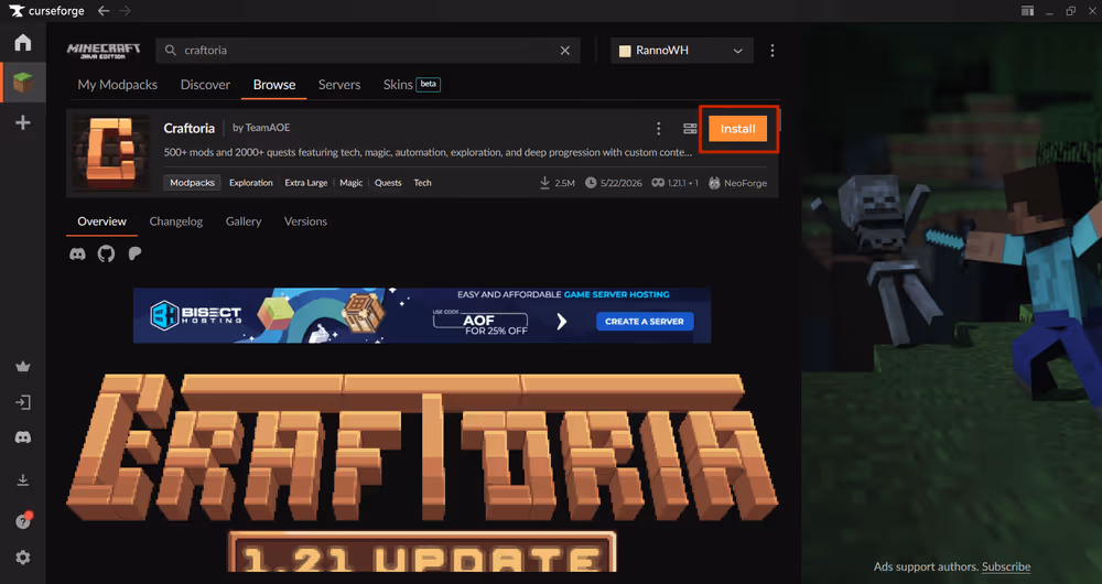 CurseForge app showing the Craftoria modpack page with the Install button visible