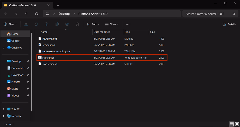 Craftoria startserver batch file highlighted in the extracted server pack folder