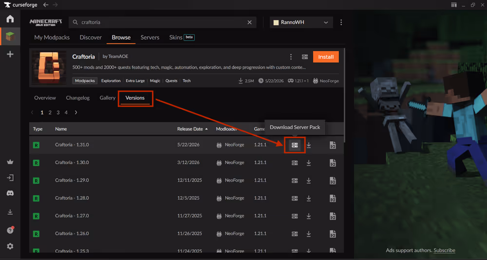 Craftoria versions tab in the CurseForge app, the versions and download server pack are highlited