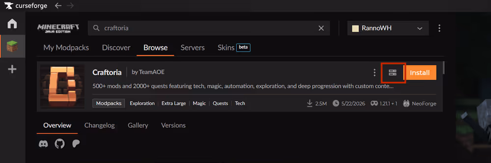 the download server pack highlighted on the craftoria modpack page