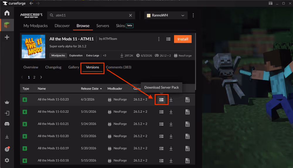 ATM11 modpack page versions tab showing where to find the server pack download button for a specific version