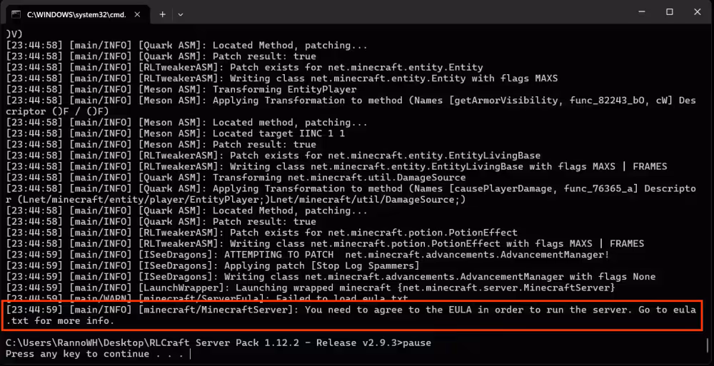 RLCraft installer prompting the user to accept Minecraft eula