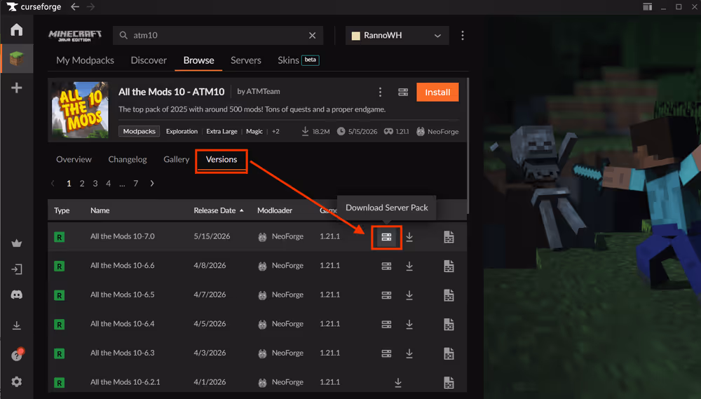CurseForge Files tab with the latest release selected and the Download server pack visible under Additional Files