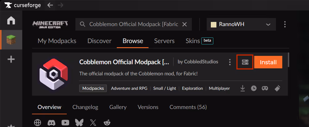 Cobblemon server pack download button in the Curseforge app