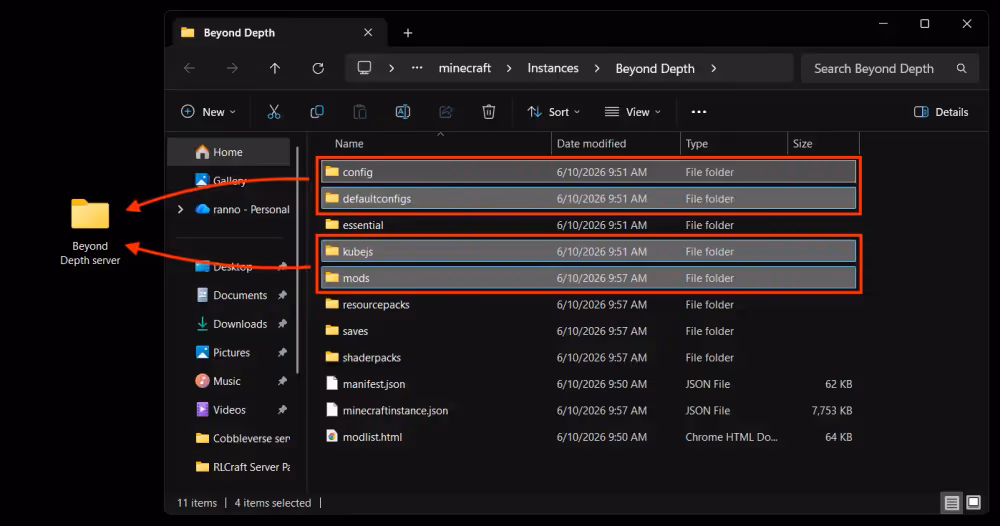 Folders highlighted in red boxes that are needed to copy to the server folder
