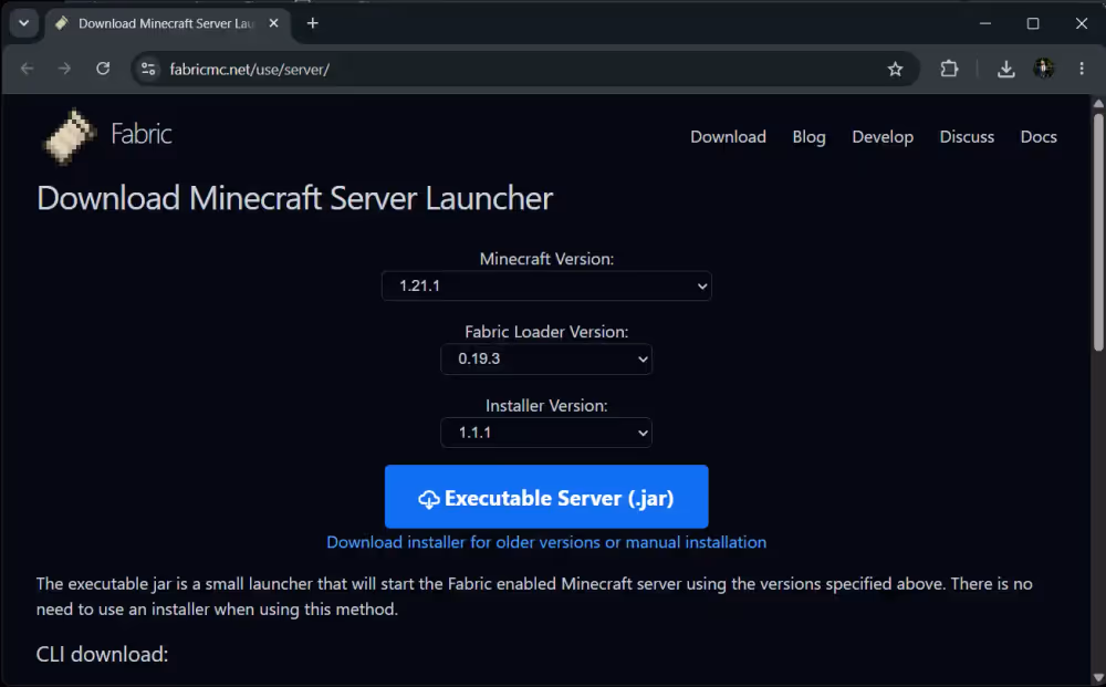 Fabric server launcher download page with Minecraft 1.21.1 version selected