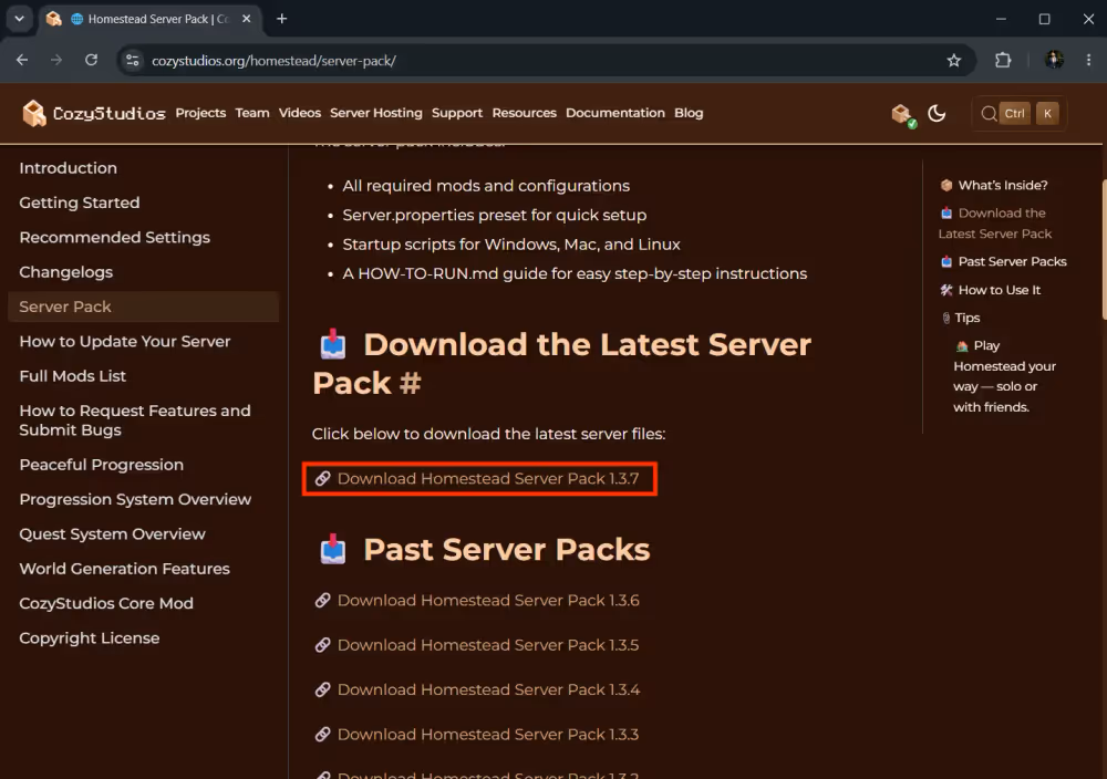 The Cozystudios page for the homestead server pack download