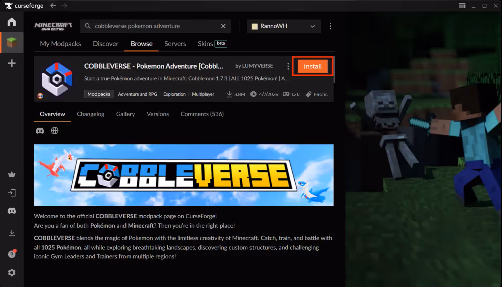 CurseForge app showing the Cobbleverse modpack page with the Install button visible