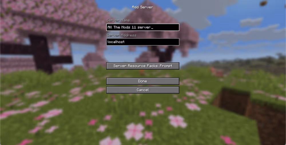 Add a new all the mods 11 server to Minecraft multiplayer tab by setting the server address to localhost