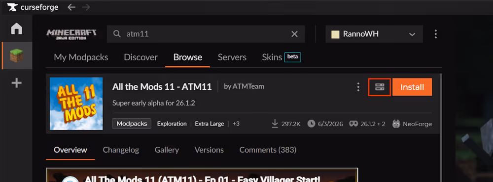ATM11 server pack download button in the CurseForge app