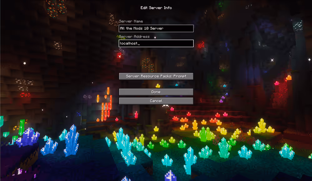 Minecraft Multiplayer screen with "localhost" entered as the server address