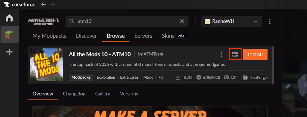 All the Mods 10 server pack download button highlighted in a red box
