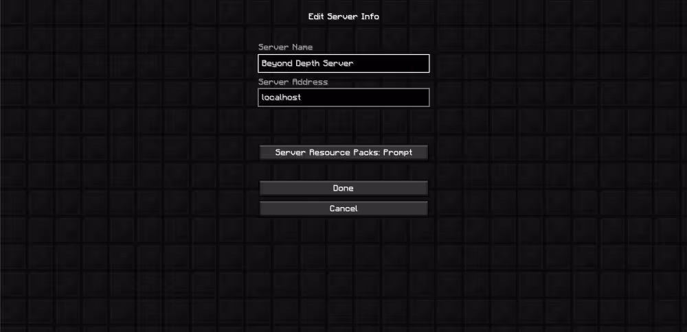 beuond depth add server tab with "localhost" as server address typed in