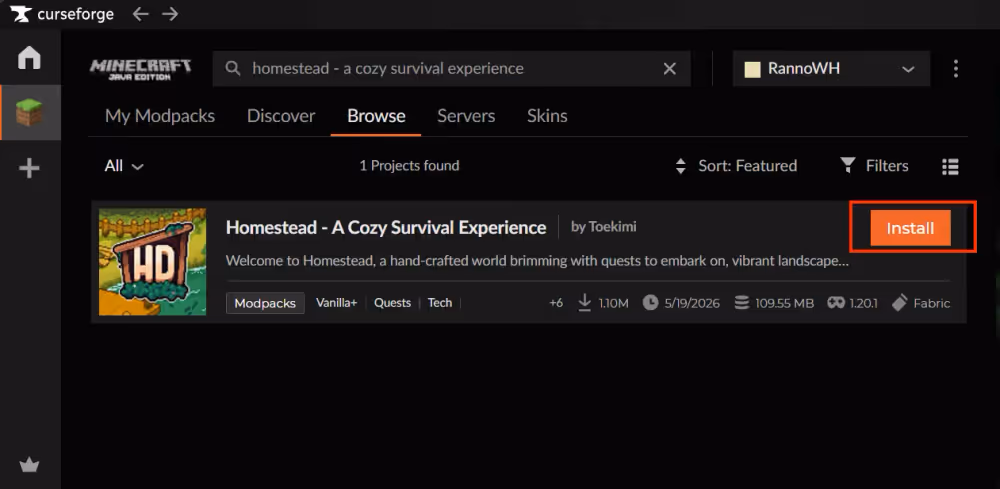 Homestead modpack install button highlighted in the curseforge app