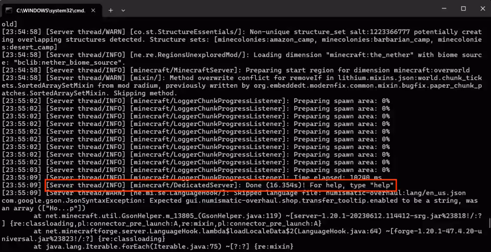 The successful start message in the terminal