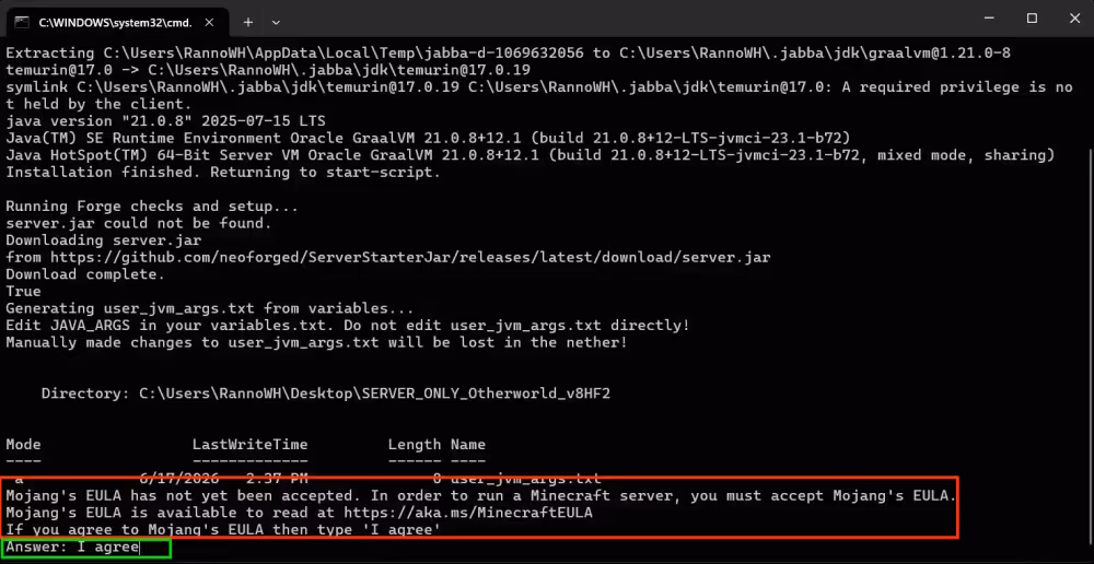 A screenshot of the terminal asking the user to accept Minecraft eula with "i agree" already typed in