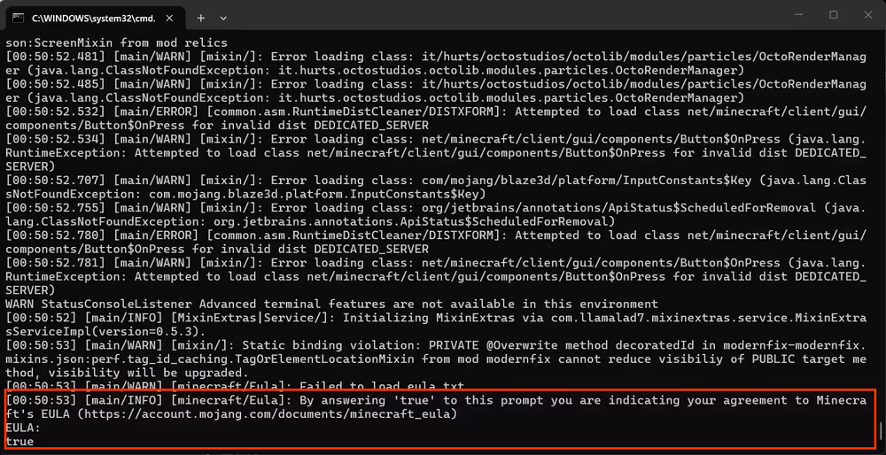 Terminal window showing the EULA prompt with "true" typed in