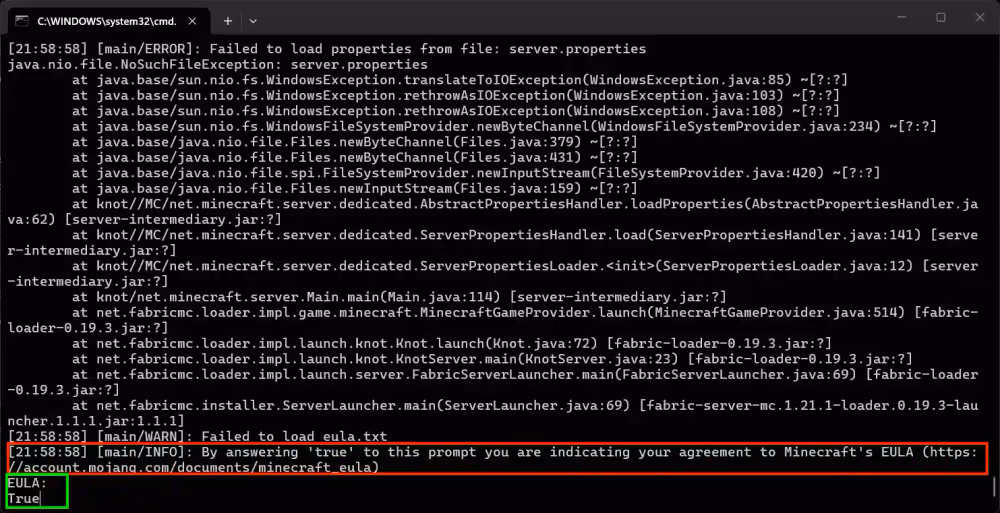 The terminal prompting the user to accept Minecraft eula and "true" already typed in