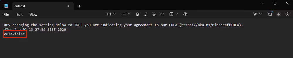 eula=false higlighted in a red box to showcase what part of the file needs to be edited to accept the minecraft eula