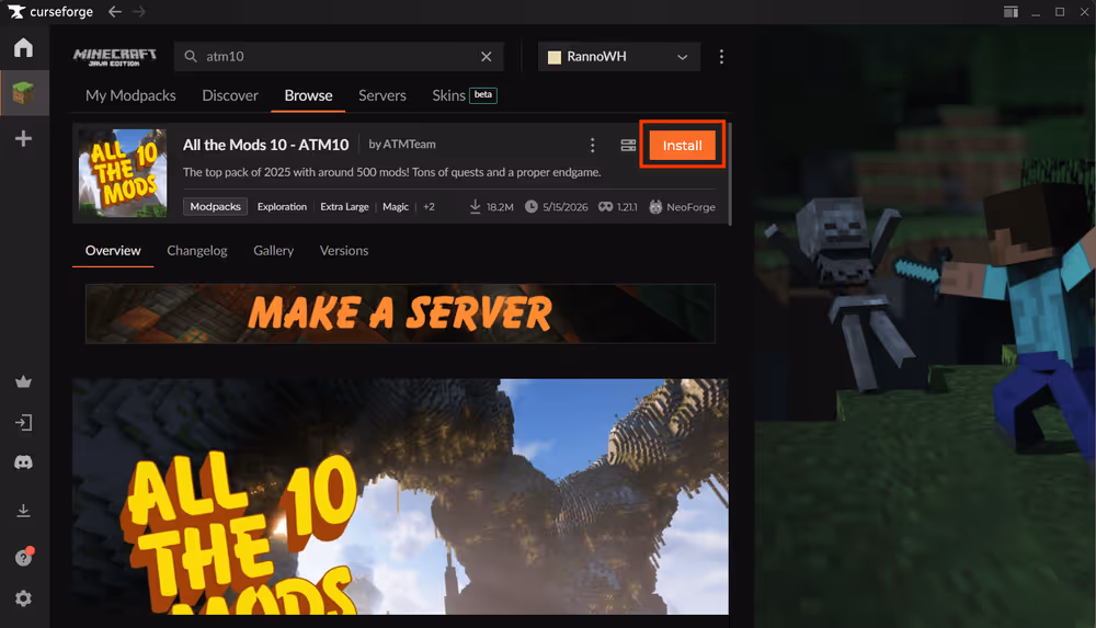 CurseForge app showing the ATM10 modpack page with the Install button visible