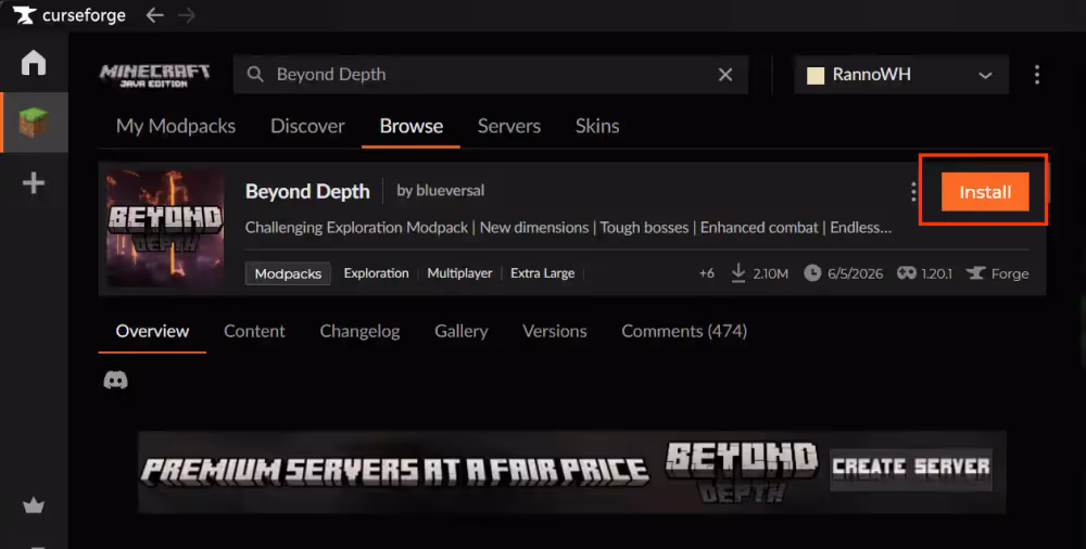 beyond depth modpack install button location highlighted
