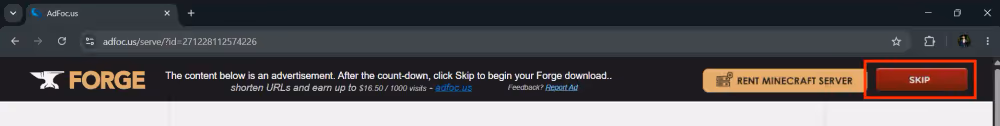 the skip button location highlighted, clicking this will start the download