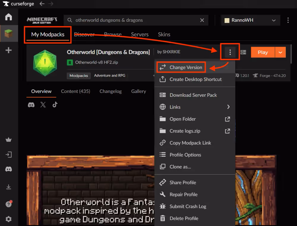 How to change the Otherworld installation version in the CurseForge app, with the steps highlighted in order