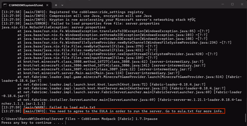 The cobblemon serverpack installer prompting the user to accept the Minecraft eula in order to run the server