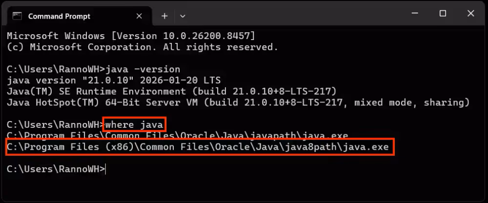 where java command in cmd and the result highlighted