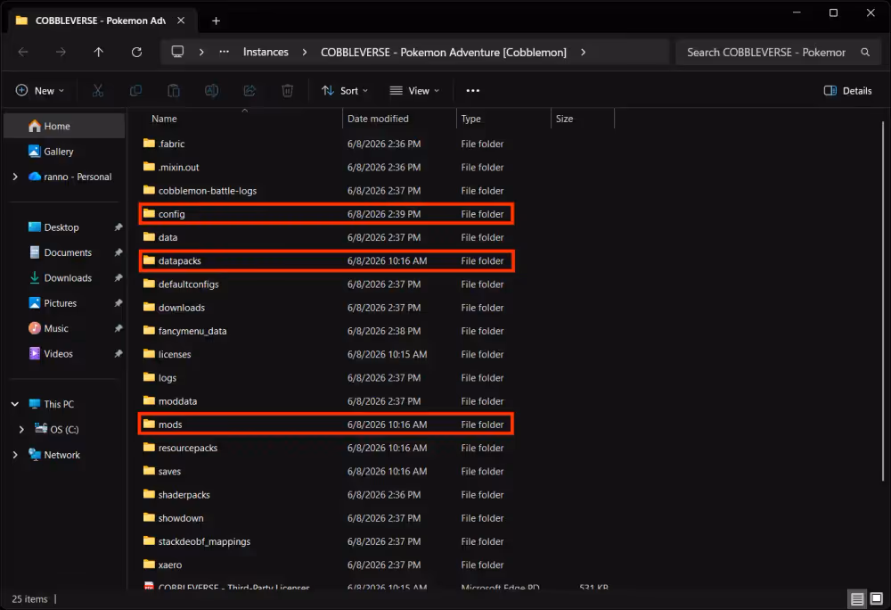 config, datapacks and mods folders highlighted in the cobbleverse modpack install folder from CurseForge