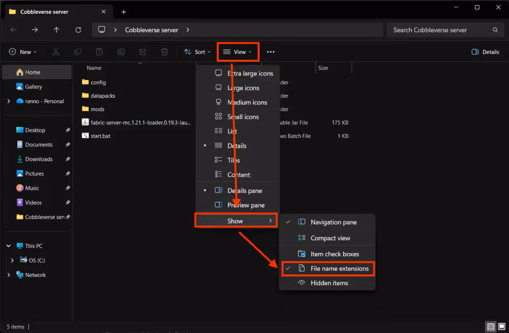 How to enable File name extensions in windows explorer