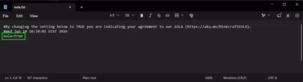 eula textfile opened and "false" already replaced with "true"
