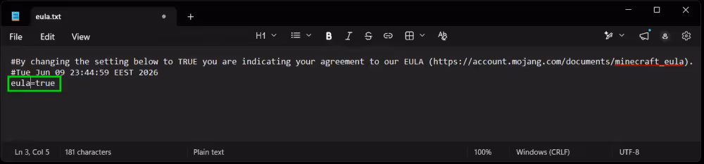 Minecraft eula with true typed in instead of false