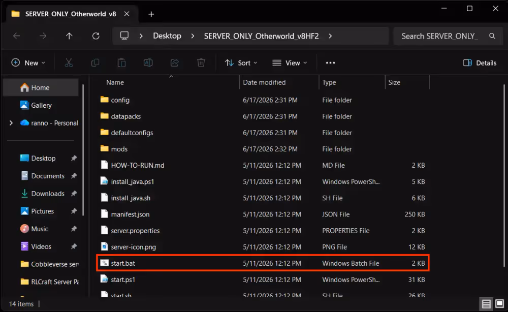 Extracted Otherworld dungeons and dragons folder, with the start.bat file highlighted in a red box