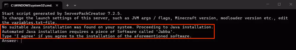 The server install teminal announcing wrong java version and offers to download it