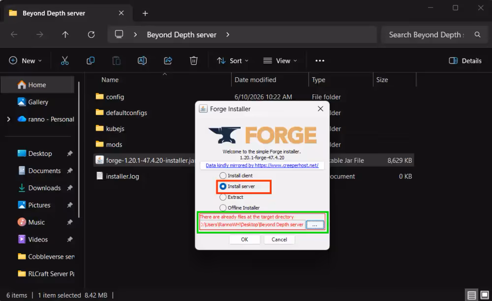 Forge installer with install server ticked and the install location highlighted, so you don't forget to install it in the correct folder