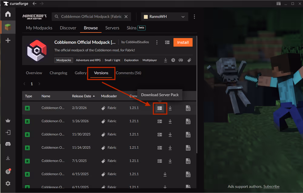 CurseForge versions tab and the serverpack download button highlighted in a red box