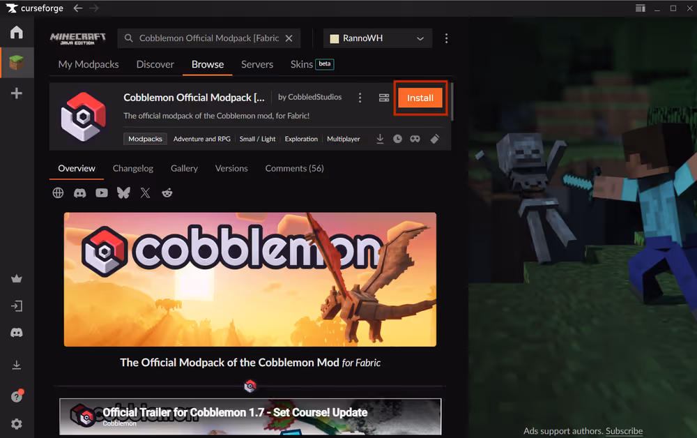 CurseForge app showing the Cobblemon modpack page with the Install button visible