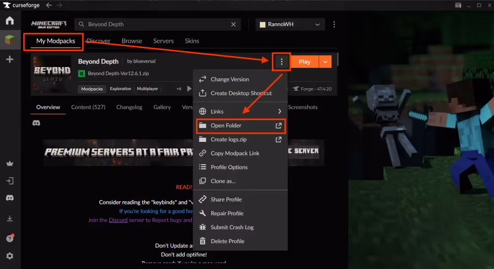steps highlighted on how to open the beyond depth modpack install folder