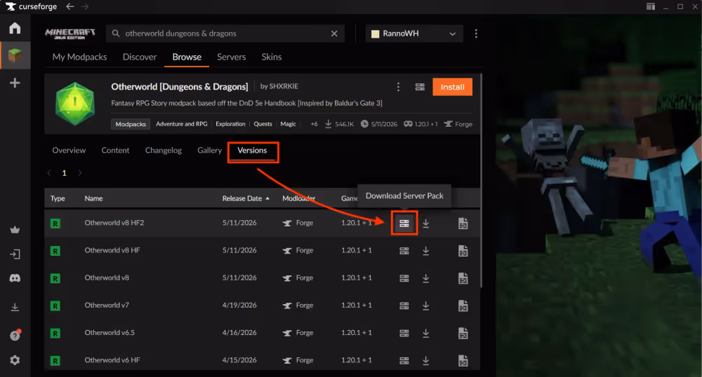 Where to find older versions of the Otherworld modpack and server files 