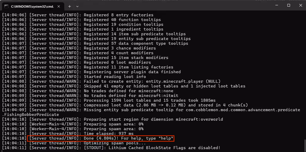 The serverpack terminal showing that the server started successfully