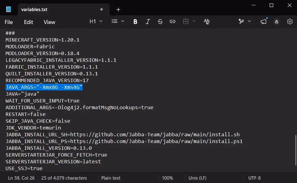 the variables text file highlighting the RAM allocation line
