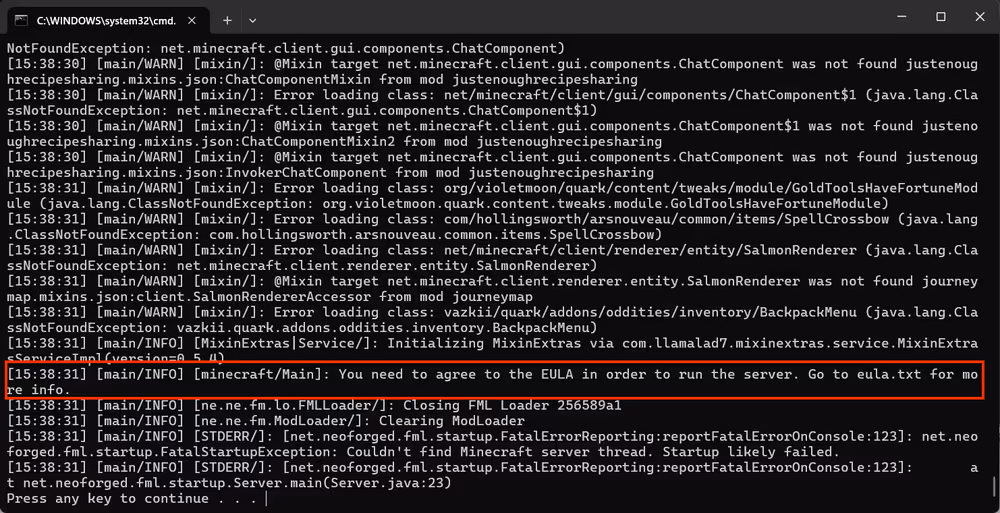 All The Mods 11 server pack installer prompting the user to accept the Minecraft eula